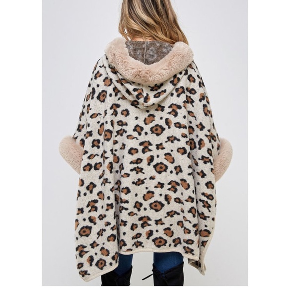 Animal Leopard Print Faux Fur Hooded Knit Poncho Cardigan Sweater Coat Jacket - Picture 4 of 7